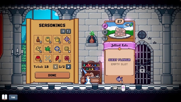 scene from indie game Hungry Horrors, Bakewell tart discovered in a kitchen, pixel art