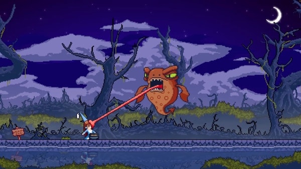 scene from indie game Hungry Horrors, monster knucker spits out poison on princess, pixel art